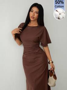 SHEIN PETITE 女款夏季純色亞麻混紡休閒優雅洋裝，100%純棉，舒適透氣，適合夏季，小碼女款 - 棕色 - 查看 3