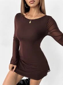 SHEIN PETITE Women's New Sexy Backless Trumpet Sleeve Mesh Dress For Early Autumn,Dresses For Women Casual,Dresses For Women Elegant ,Petite Women - Brown - View 4