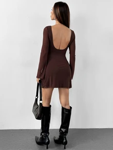 SHEIN PETITE Women's New Sexy Backless Trumpet Sleeve Mesh Dress For Early Autumn,Dresses For Women Casual,Dresses For Women Elegant ,Petite Women - Brown - View 3