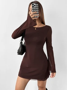 SHEIN PETITE Women's New Sexy Backless Trumpet Sleeve Mesh Dress For Early Autumn,Dresses For Women Casual,Dresses For Women Elegant ,Petite Women - Brown - View 2