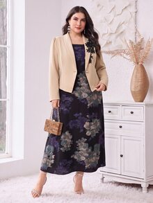 Modelyn Plus Size Floral Print Dress And Long Sleeve Blazer Set 2 Pieces Set - Multicolor - View 7
