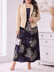 Modelyn Plus Size Floral Print Dress And Long Sleeve Blazer Set 2 Pieces Set - Multicolor - View 1