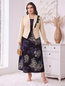 Modelyn Plus Size Floral Print Dress And Long Sleeve Blazer Set 2 Pieces Set - Multicolor - View 5
