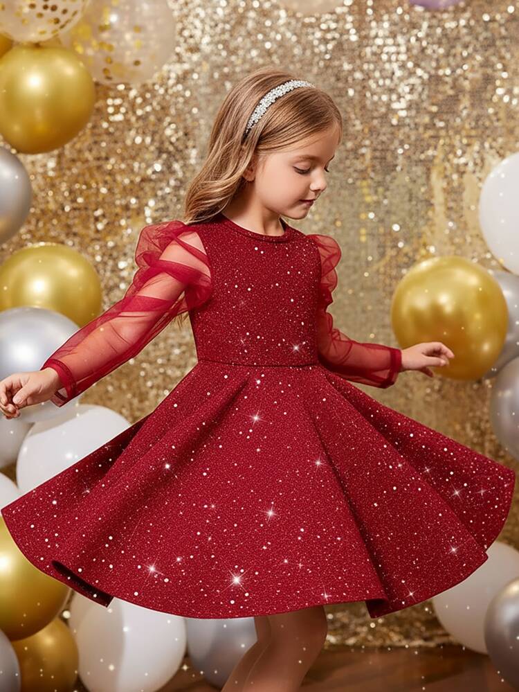 SHEIN Gaun Lengan Panjang Berpayet Merah Elegan & Imut untuk Anak Perempuan, Gaun Pesta Natal Berkilau Warna Burgundy untuk Liburan Musim Dingin - Burgundy - View 4