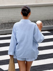 Muchica 女款休閒通勤條紋襯衫短褲兩件套 - 藍白色 - 查看 2