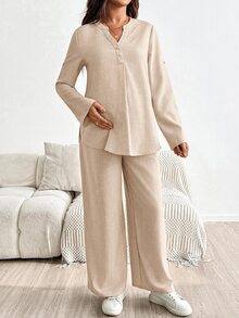 SHEIN 孕婦鈕扣長袖襯衫與可調腰長褲 2件套 秋季 - 杏色 - 查看 6