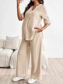 SHEIN 孕婦鈕扣長袖襯衫與可調腰長褲 2件套 秋季 - 杏色 - 查看 5