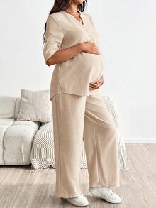 SHEIN 孕婦鈕扣長袖襯衫與可調腰長褲 2件套 秋季 - 杏色 - 查看 3