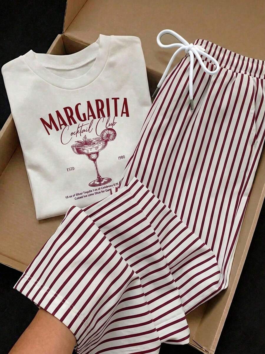 Comfortcana 2pcs/Set Embroidered Round Neck Short Sleeve Top And Striped Print Pants, Casual - Burgundy - View 1
