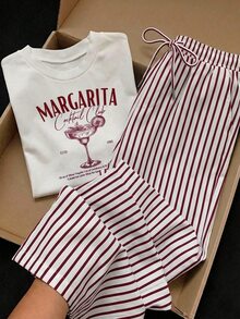 Comfortcana 2pcs/Set Embroidered Round Neck Short Sleeve Top And Striped Print Pants, Casual - Burgundy - View 4