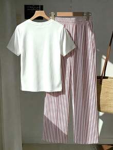 Comfortcana 2pcs/Set Embroidered Round Neck Short Sleeve Top And Striped Print Pants, Casual - Burgundy - View 2