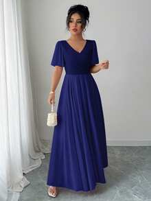 Elenzga Elegant V-Neck Ruffled A-Line Waisted Ruffle Sleeve Romantic Refined Women Dress - Royal Blue - View 7