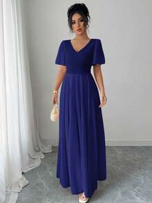 Elenzga Elegant V-Neck Ruffled A-Line Waisted Ruffle Sleeve Romantic Refined Women Dress - Royal Blue - View 3