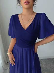 Elenzga Elegant V-Neck Ruffled A-Line Waisted Ruffle Sleeve Romantic Refined Women Dress - Royal Blue - View 4