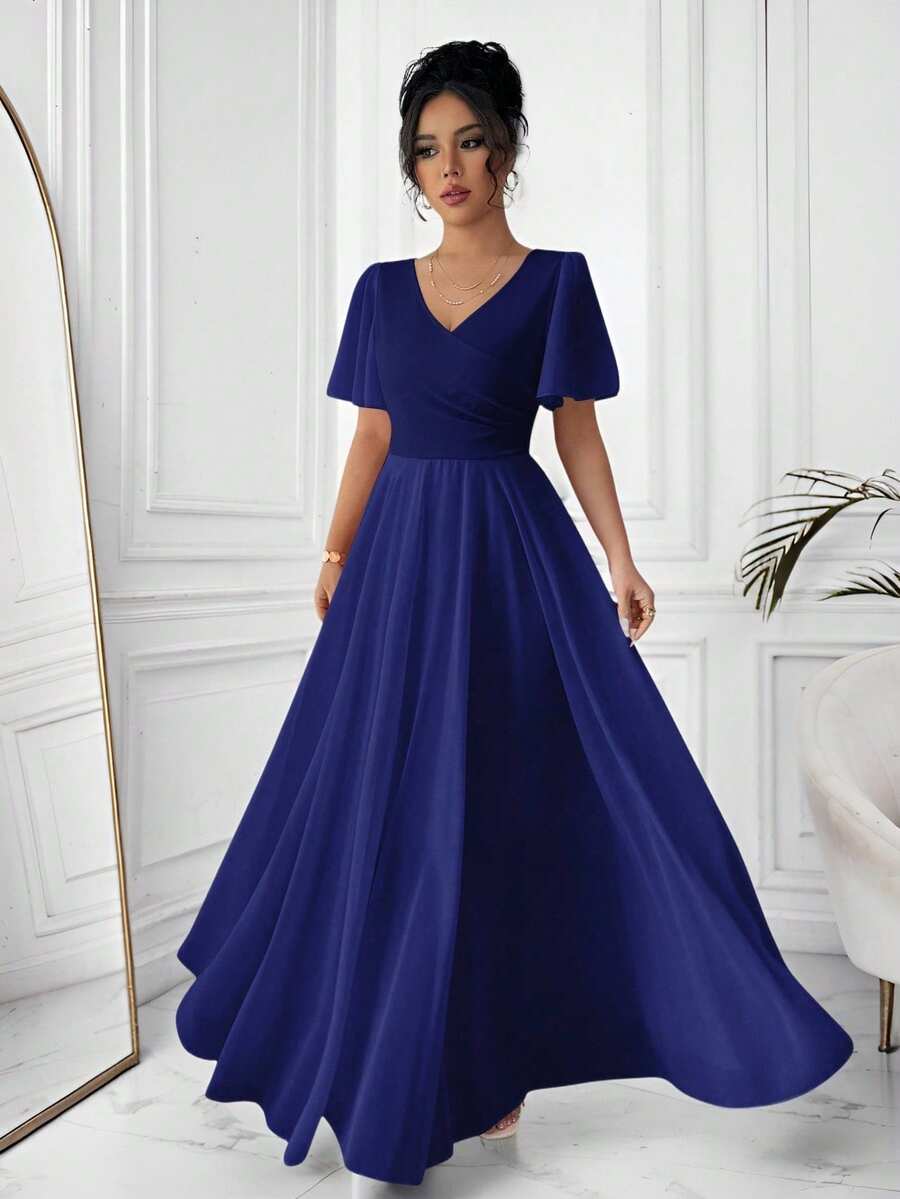 Elenzga Elegant V-Neck Ruffled A-Line Waisted Ruffle Sleeve Romantic Refined Women Dress - Royal Blue - View 1