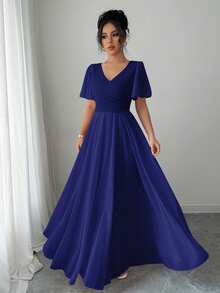 Elenzga Elegant V-Neck Ruffled A-Line Waisted Ruffle Sleeve Romantic Refined Women Dress - Royal Blue - View 5