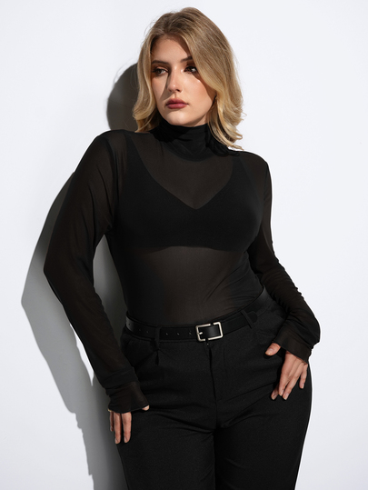 Maija Plus Size Women High Neck Long Sleeve Fitted Sheer Top, Urban Commute Business Casual 70's Sexy Country Black See Through Autumn Night Going Out