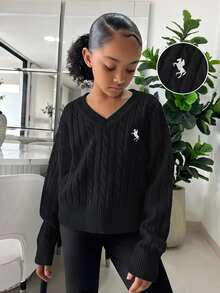 SHEIN 青少年女孩極簡純色V領長袖針織衫，休閒日常穿著，秋冬長袖上衣，學院風V領長袖針織衫，刺繡針織衫 - 黑色 - 查看 3