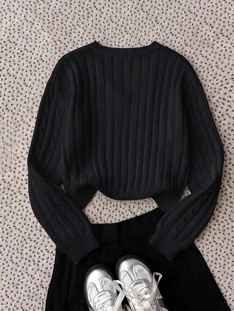 SHEIN Sweater Lengan Panjang Leher V Warna Polos Minimalis untuk Remaja Perempuan, Pakaian Kasual Sehari-hari, Atasan Lengan Panjang Musim Gugur/Dingin, Sweater Lengan Panjang Leher V Gaya Preppy, Sweater Bordir - Hitam - View 2