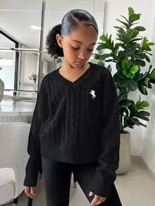 SHEIN 青少年女孩極簡純色V領長袖針織衫，休閒日常穿著，秋冬長袖上衣，學院風V領長袖針織衫，刺繡針織衫 - 黑色 - 查看 4