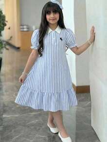 SHEIN Young Girl Casual Comfortable Shirt Collar Colorblock Solid Color Dress, Back To SchooKIDS - Blue - View 7