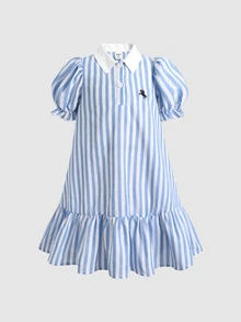 SHEIN Young Girl Casual Comfortable Shirt Collar Colorblock Solid Color Dress, Back To SchooKIDS - Blue - View 3