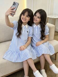 SHEIN Young Girl Casual Comfortable Shirt Collar Colorblock Solid Color Dress, Back To SchooKIDS - Blue - View 6