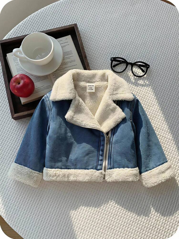 Cozy Pixies Baby Girl Teddy Lined Zip Up Moto Jacket - Blue - View 4