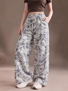 SHEIN Tween Girls Casual Drawstring Hem Wide Leg Straight Sweatpants, Fall Winter - Light Grey - View 2