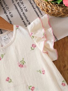 SHEIN Young Girl Summer Casual Vacation Sweet Cute Floral Print Layered Ruffle Armhole Lettuce Trim Blouse - Pink - View 3
