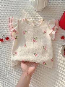 SHEIN Young Girl Summer Casual Vacation Sweet Cute Floral Print Layered Ruffle Armhole Lettuce Trim Blouse - Pink - View 2