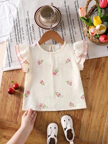 SHEIN Young Girl Summer Casual Vacation Sweet Cute Floral Print Layered Ruffle Armhole Lettuce Trim Blouse - Pink - View 6
