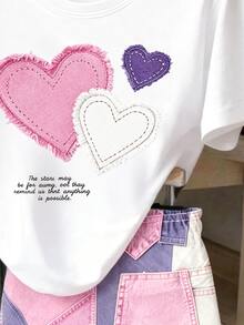[Denim Effect] 女童丹寧效果愛心貼布繡燙印圖案短袖T恤與短褲套裝，夏季新款韓式休閒兩件套，兒童數位印花拼接夏裝，熱門街頭風時尚運動兩件套 - 白色 - 查看 3