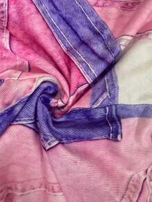 [Denim Effect] 女童丹寧效果愛心貼布繡燙印圖案短袖T恤與短褲套裝，夏季新款韓式休閒兩件套，兒童數位印花拼接夏裝，熱門街頭風時尚運動兩件套 - 白色 - 查看 5