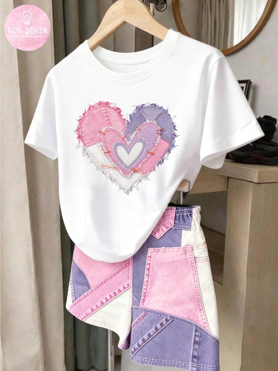 Girls' Casual Heart Pattern Short Sleeve Round Neck T-Shirt And Fitted Shorts 2-Piece Set, Summer Children's Outfit With Denim Effect Heart Print, Comfortable Everyday Versatile - White - View 1