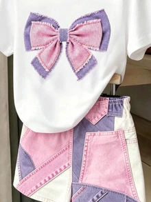 女嬰春夏T恤套裝，粉色仿牛仔原邊愛心印花上衣搭配仿牛仔拼接短褲，時尚可愛，適合外出，舒適休閒甜美，春夏秋季適用 - 彩色 - 查看 3