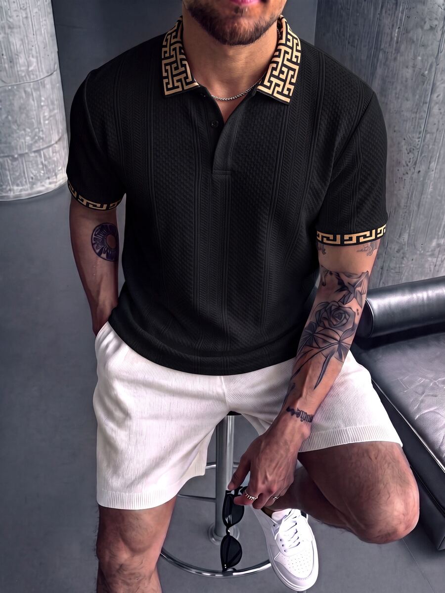 EGENSIO Men's Knitted Jacquard Solid Color Textured Collar Cuff Ribbed 2-Button Black Polo Shirt - Black - View 1