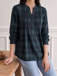 Yumoku Women Blouses Tombol Tombol Depan Plaid Casual - Dark Green - View 5