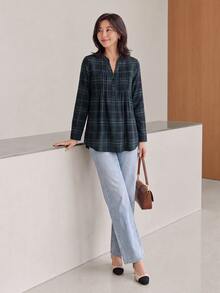 Yumoku Women Blouses Tombol Tombol Depan Plaid Casual - Dark Green - View 4