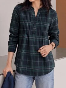 Yumoku Women Blouses Tombol Tombol Depan Plaid Casual - Dark Green - View 6