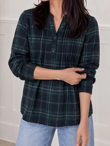 Yumoku Women Blouses Tombol Tombol Depan Plaid Casual - Dark Green - View 3