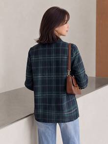 Yumoku Women Blouses Tombol Tombol Depan Plaid Casual - Dark Green - View 2