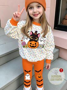 女童萬聖節趣味印花兩件套，可愛黑貓南瓜幽靈圖案衛衣搭配橘色蝙蝠幽靈緊身褲，圓領寬鬆長袖上衣，彈性舒適修身長褲，柔軟親膚面料，俏皮卡通風格，適合節日出遊、日常穿著，時尚吸睛，小女孩秋季休閒套裝 - 彩色 - 查看 4