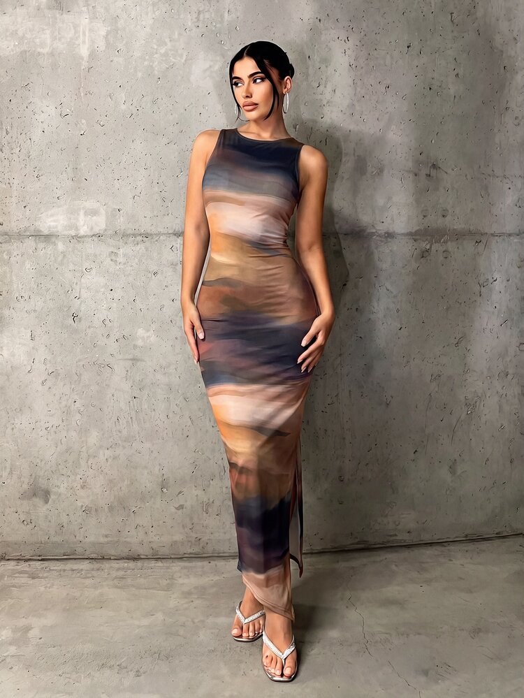 SHEIN ICON Tie Dye Print Bodycon Long Dress,Dresses For Women Summer - Multicolor - View 7