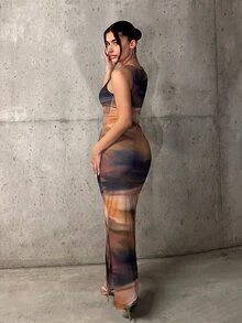 SHEIN ICON Tie Dye Print Bodycon Long Dress,Dresses For Women Summer - Multicolor - View 2