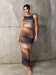 SHEIN ICON Tie Dye Print Bodycon Long Dress,Dresses For Women Summer - Multicolor - View 4
