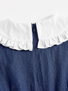 SHEIN Girls' Dark Blue Denim Tween Girl Long Sleeve Loose Fit Dress - Blue and White - View 5