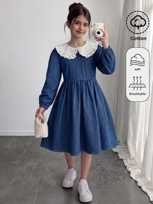 SHEIN Girls' Dark Blue Denim Tween Girl Long Sleeve Loose Fit Dress - Blue and White - View 1