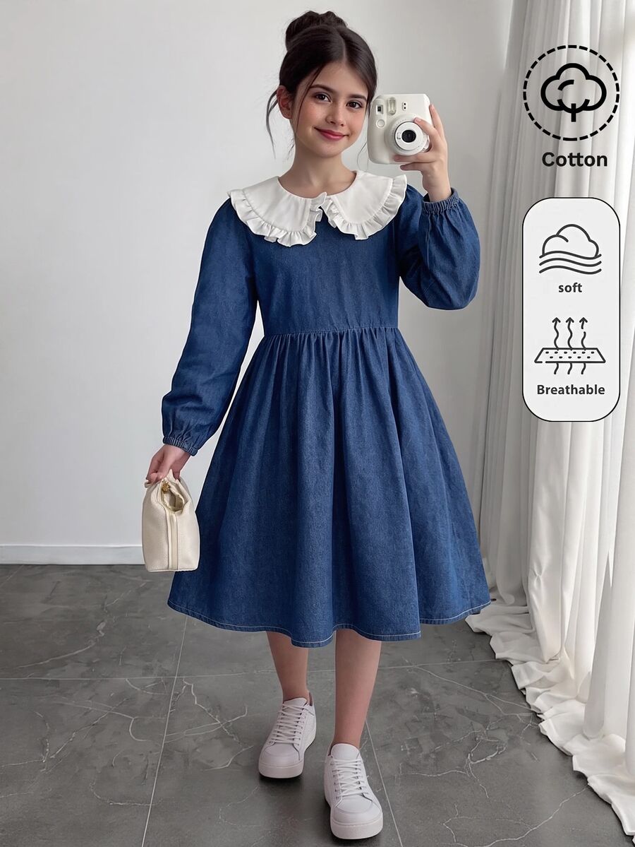 SHEIN Girls' Dark Blue Denim Tween Girl Long Sleeve Loose Fit Dress - Blue and White - View 1