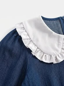 SHEIN Girls' Dark Blue Denim Tween Girl Long Sleeve Loose Fit Dress - Blue and White - View 6